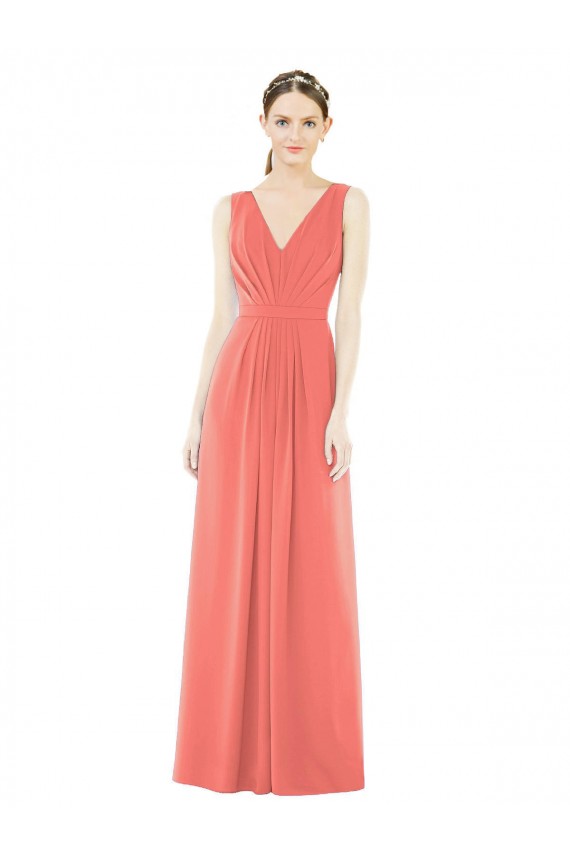 Beste Koralle A-Linien V-Ausschnitt Chiffon Lange Brautjungfernkleider