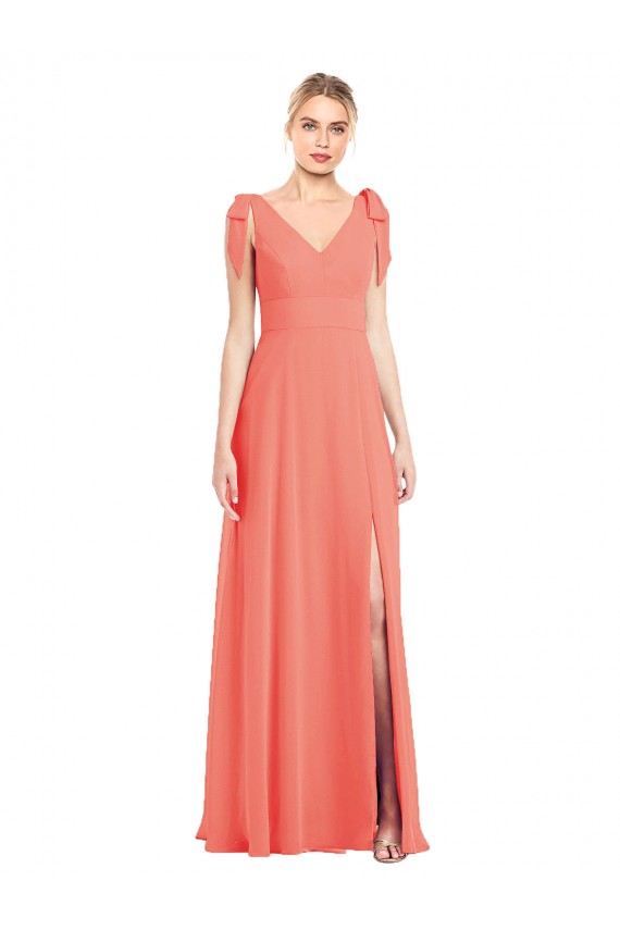 Beste Koralle Trompete V-Ausschnitt Chiffon Lange Brautjungfernkleider