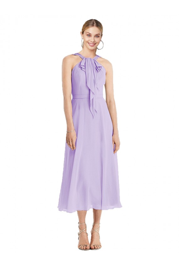 Beste Lila A-Linien Neckholder Wadenlang Chiffon Kurze Brautjungfernkleider / Cocktailkleider
