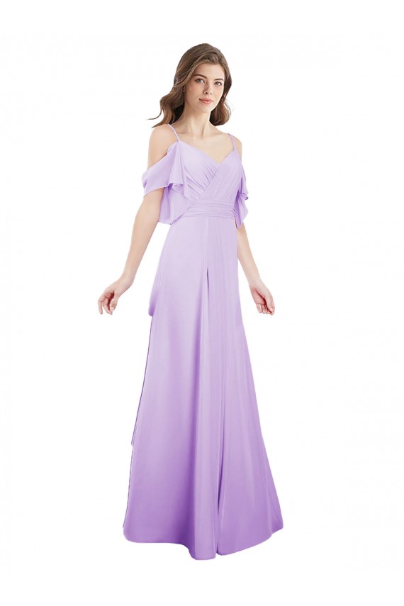 Beste Lila A-Linien Off-Schulter Spaghetti-Träger Chiffon Lange Brautjungfernkleider