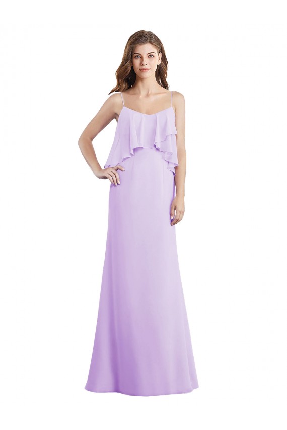 Beste Lila A-Linien Spaghetti-Träger Scoop Chiffon Lange Brautjungfernkleider