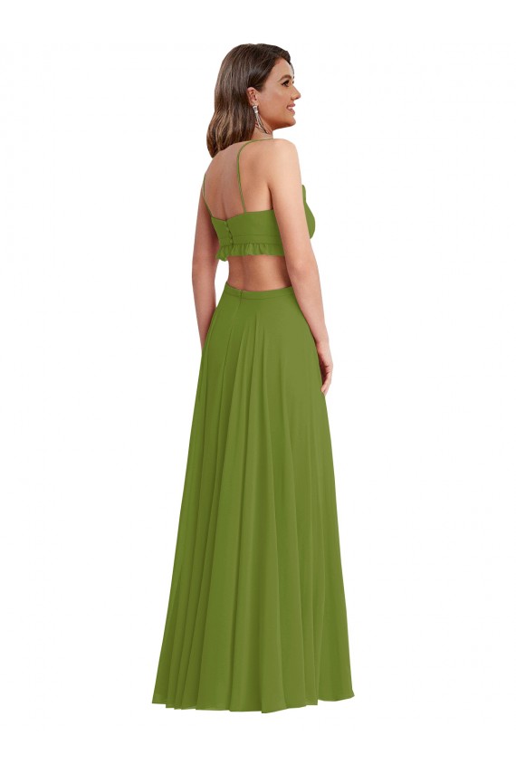 Beste Olivgrün A-Linien V-Ausschnitt Chiffon Lange Brautjungfernkleider
