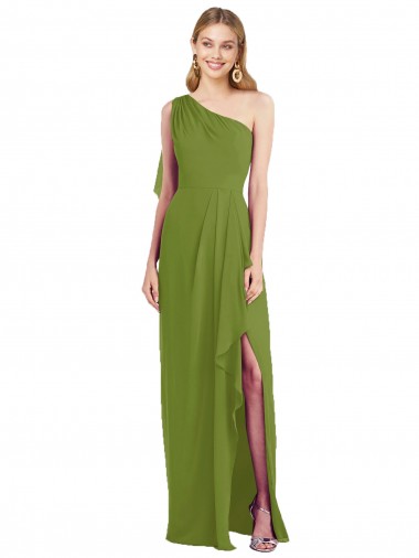 Beste Olivgrün Trompete Eine-Schulter Chiffon Lange Brautjungfernkleider