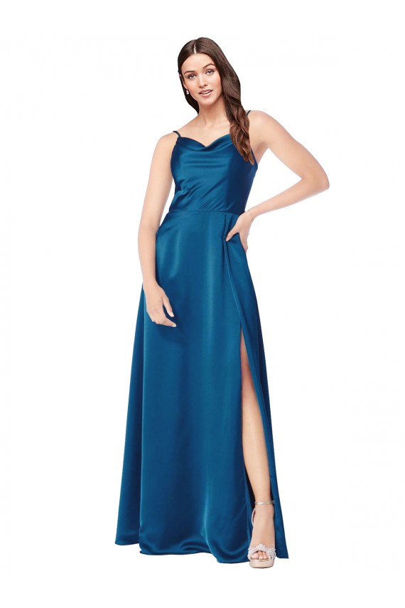 Beste Pfauenblau A-Linien Spaghetti-Träger Haube Ausschnitt Seidiger Satin Lange Formale Brautjungfernkleider / Abendkleider / Abiballkleider