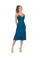 Beste Pfauenblau A-Linien V-Ausschnitt Midi Seidiger Satin Kurze Brautjungfernkleider / Abiballkleider / Cocktailkleider / Heimkehr Kleider