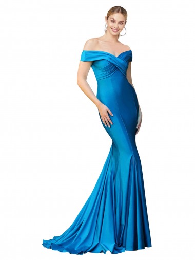 Beste Pfauenblau Meerjungfrau Off-Schulter Satin Lange Formale Brautjungfernkleider / Abendkleider / Abiballkleider