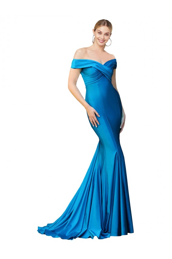 Beste Pfauenblau Meerjungfrau Off-Schulter Satin Lange Formale Brautjungfernkleider / Abendkleider / Abiballkleider