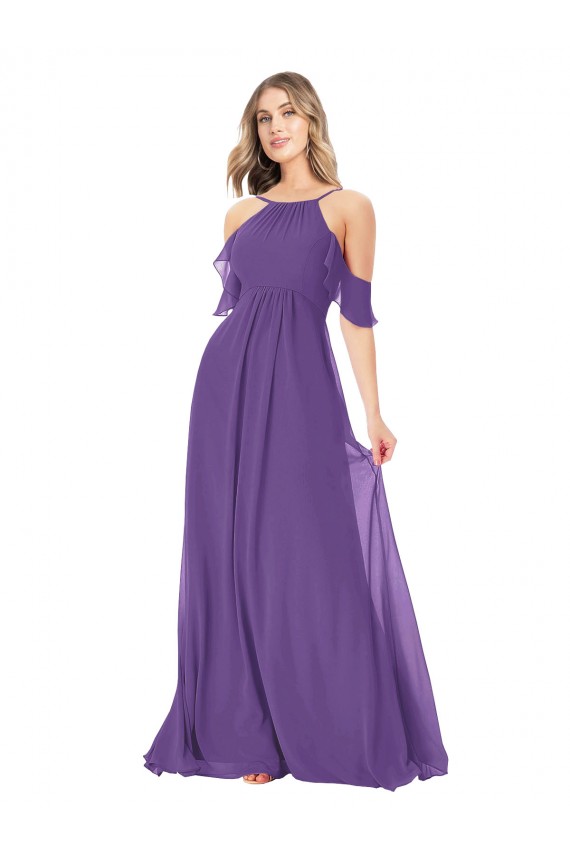 Beste Pflaume Lila A-Linien Off-Schulter Stehkragen Ausschnitt Chiffon Lange Brautjungfernkleider