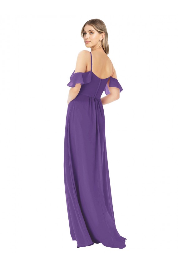 Beste Pflaume Lila A-Linien Off-Schulter Stehkragen Ausschnitt Chiffon Lange Brautjungfernkleider
