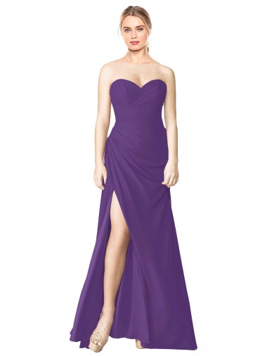 Beste Pflaume Lila A-Linien Trägerlos Chiffon Lange Brautjungfernkleider