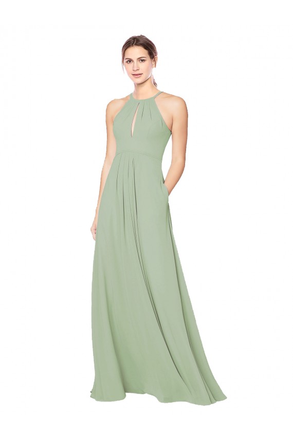 Beste Rauchgrün A-Linien Neckholder Chiffon Lange Brautjungfernkleider