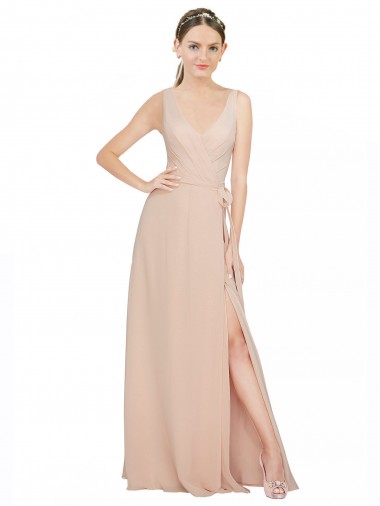 Beste Rosa 114 A-Linien V-Ausschnitt Chiffon Lange Brautjungfernkleider