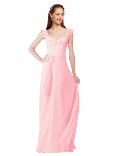 Beste Rosa A-Linien V-Ausschnitt Chiffon Lange Brautjungfernkleider