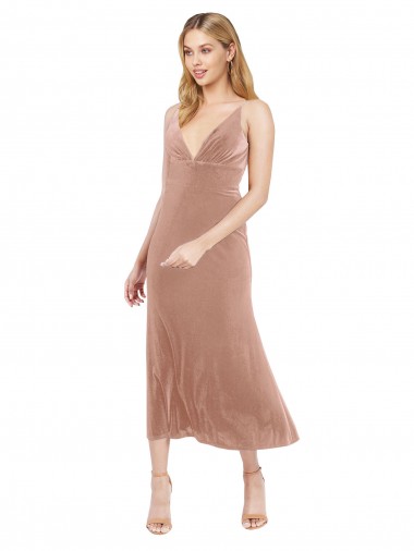 Beste Rosa A-Linien V-Ausschnitt Midi Stretch-Samt Kurze Brautjungfernkleider / Abiballkleider / Cocktailkleider / Heimkehr Kleider