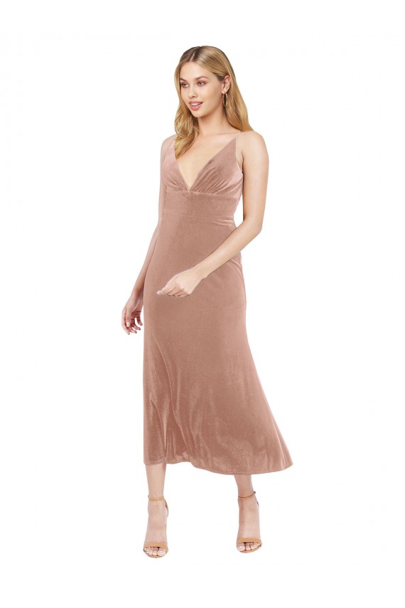 Beste Rosa A-Linien V-Ausschnitt Midi Stretch-Samt Kurze Brautjungfernkleider / Abiballkleider / Cocktailkleider / Heimkehr Kleider