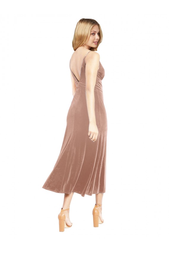 Beste Rosa A-Linien V-Ausschnitt Midi Stretch-Samt Kurze Brautjungfernkleider / Abiballkleider / Cocktailkleider / Heimkehr Kleider