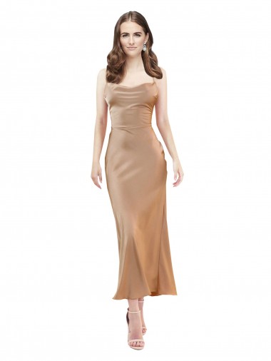 Beste Roségold Etui Haube Ausschnitt Midi Seidiger Satin Kurze Formale Brautjungfernkleider / Abendkleider / Abiballkleider / Cocktailkleider / Heimkehr Kleider