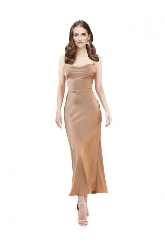 Beste Roségold Etui Haube Ausschnitt Midi Seidiger Satin Kurze Formale Brautjungfernkleider / Abendkleider / Abiballkleider / Cocktailkleider / Heimkehr Kleider