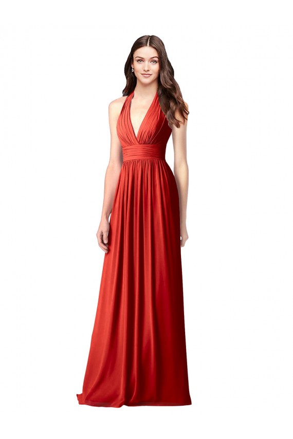 Beste Rot A-Linien Neckholder V-Ausschnitt Chiffon Lange Brautjungfernkleider