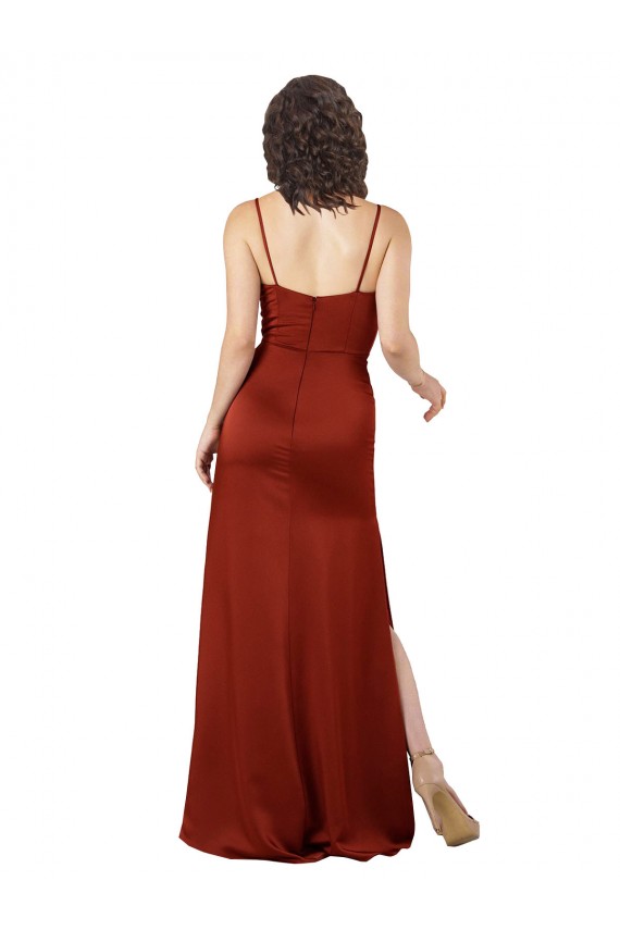 Beste Rot A-Linien Spaghetti-Träger Quadrat Ausschnitt Seidiger Satin Lange Formale Brautjungfernkleider / Abendkleider / Abiballkleider