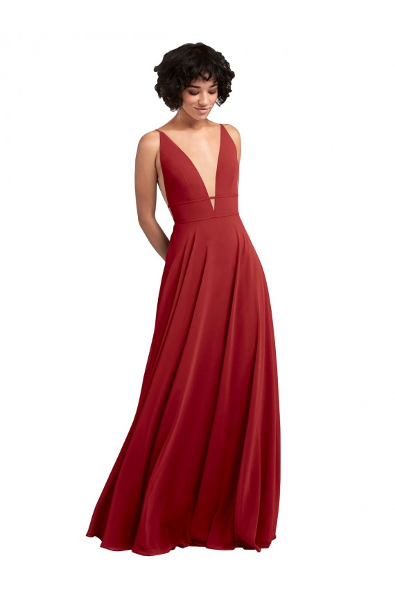 Beste Rot A-Linien V-Ausschnitt Chiffon Lange Brautjungfernkleider