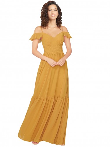 Beste Safran A-Linien V-Ausschnitt Chiffon Lange Brautjungfernkleider