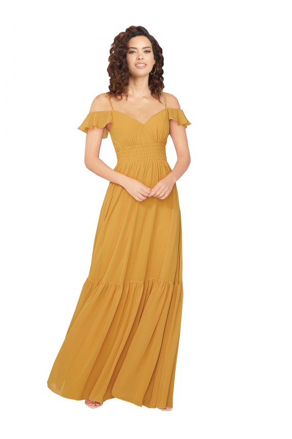 Beste Safran A-Linien V-Ausschnitt Chiffon Lange Brautjungfernkleider