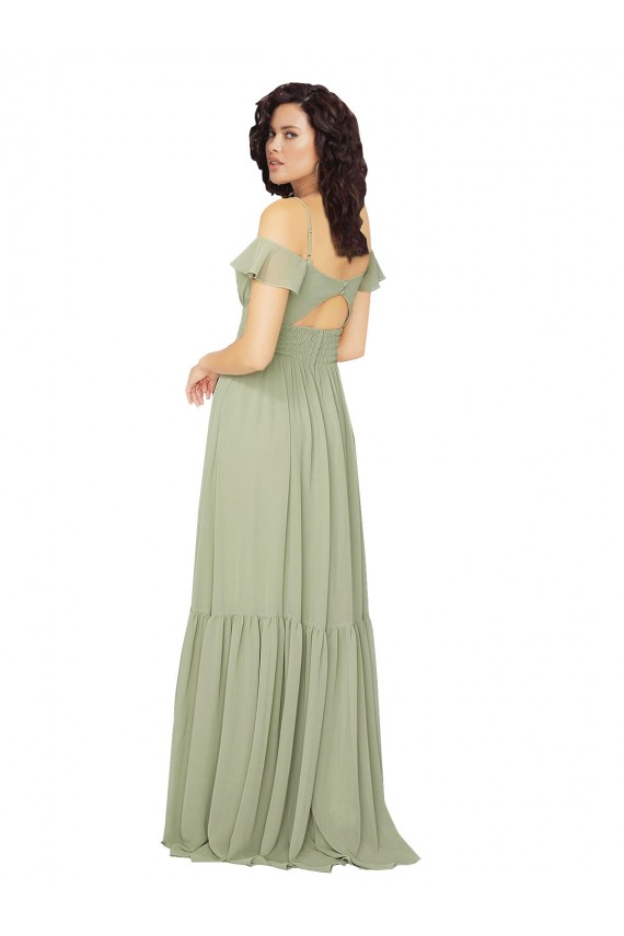 Beste Safran A-Linien V-Ausschnitt Chiffon Lange Brautjungfernkleider