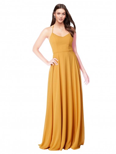 Beste Safran A-Linien V-Ausschnitt Chiffon Lange Brautjungfernkleider