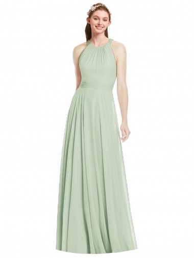 Beste Salbeigrün A-Linien Neckholder Chiffon Lange Brautjungfernkleider