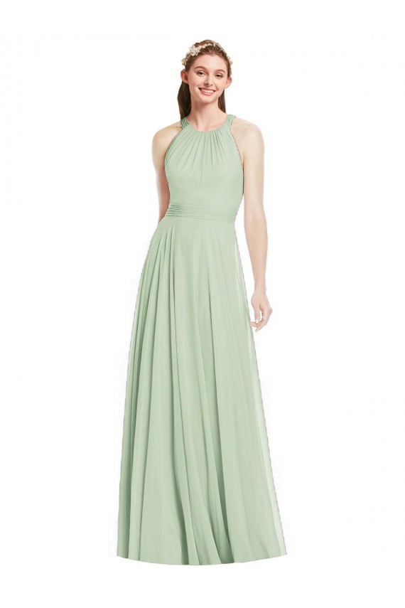 Beste Salbeigrün A-Linien Neckholder Chiffon Lange Brautjungfernkleider