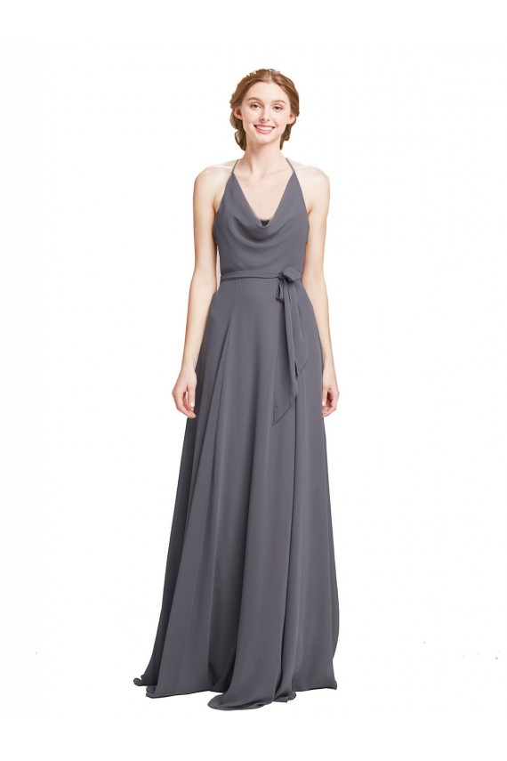 Beste Schiefergrau A-Linien Spaghetti-Träger Neckholder Chiffon Lange Brautjungfernkleider