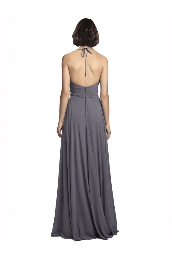 Beste Schiefergrau A-Linien Spaghetti-Träger Neckholder Chiffon Lange Brautjungfernkleider