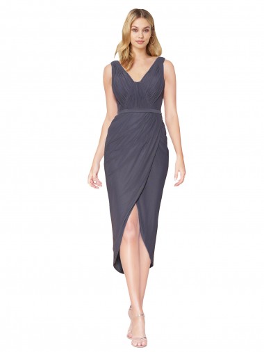 Beste Schiefergrau Meerjungfrau V-Ausschnitt Cocktail Chiffon Kurze Formale Brautjungfernkleider / Abendkleider / Abiballkleider