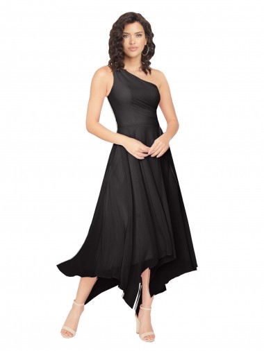 Beste Schwarz A-Linien Eine-Schulter Trägerlos Midi Chiffon Kurze Brautjungfernkleider / Cocktailkleider / Heimkehr Kleider