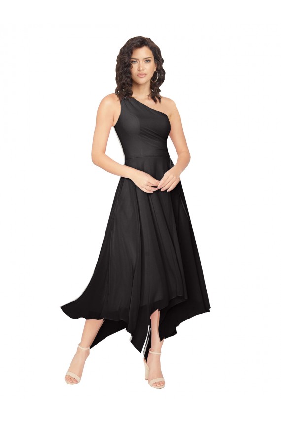 Beste Schwarz A-Linien Eine-Schulter Trägerlos Midi Chiffon Kurze Brautjungfernkleider / Cocktailkleider / Heimkehr Kleider