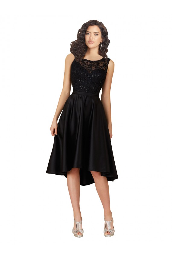 Beste Schwarz A-Linien Illusion Ausschnitt Midi Satin Spitze Kurze Brautjungfernkleider / Cocktailkleider / Heimkehr Kleider