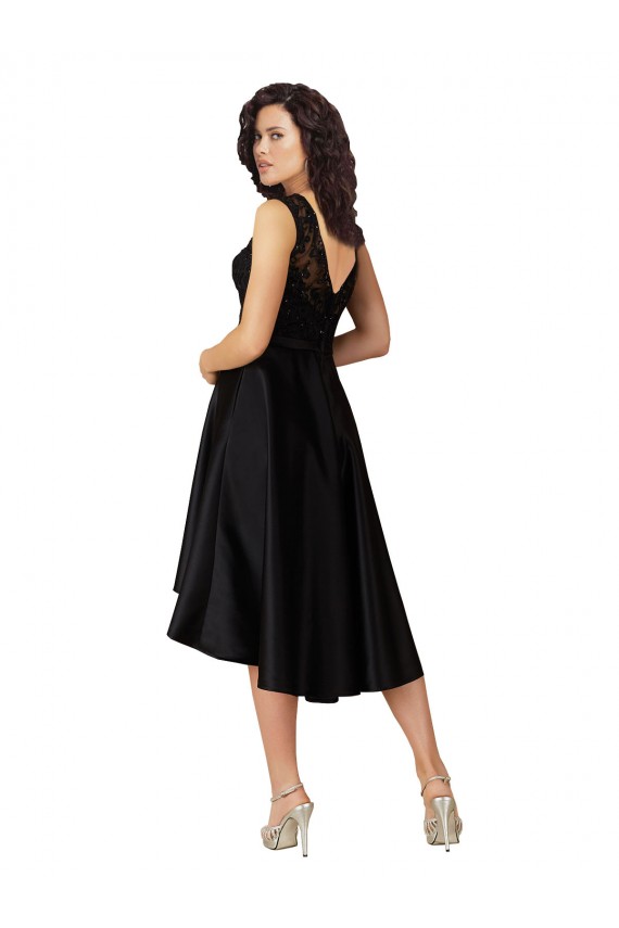 Beste Schwarz A-Linien Illusion Ausschnitt Midi Satin Spitze Kurze Brautjungfernkleider / Cocktailkleider / Heimkehr Kleider