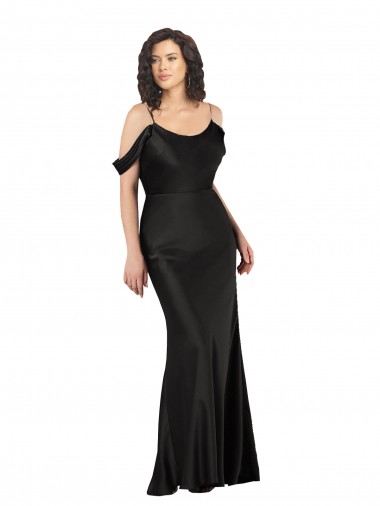 Beste Schwarz A-Linien Off-Schulter Seidiger Satin Lange Formale Brautjungfernkleider / Abendkleider / Abiballkleider