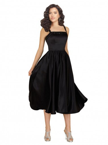 Beste Schwarz A-Linien Quadrat Ausschnitt Knielang Satin Kurze Brautjungfernkleider / Abiballkleider / Cocktailkleider / Heimkehr Kleider