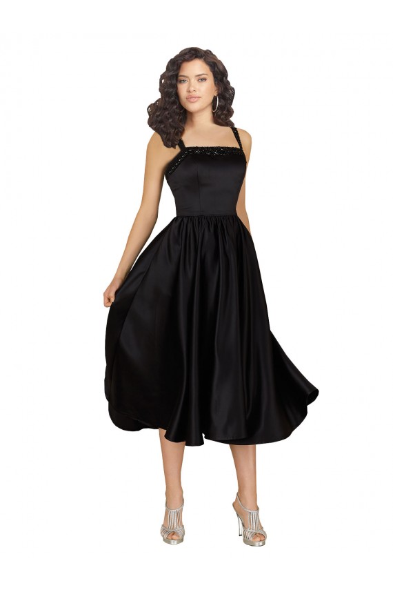 Beste Schwarz A-Linien Quadrat Ausschnitt Knielang Satin Kurze Brautjungfernkleider / Abiballkleider / Cocktailkleider / Heimkehr Kleider