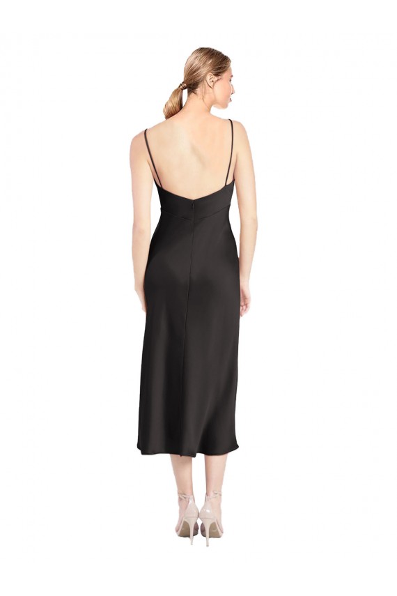 Beste Schwarz A-Linien Spaghetti-Träger Haube Ausschnitt Midi Stretch-Satin Kurze Formale Brautjungfernkleider / Abendkleider / Abiballkleider / Cocktailkleider / Heimkehr Kleider