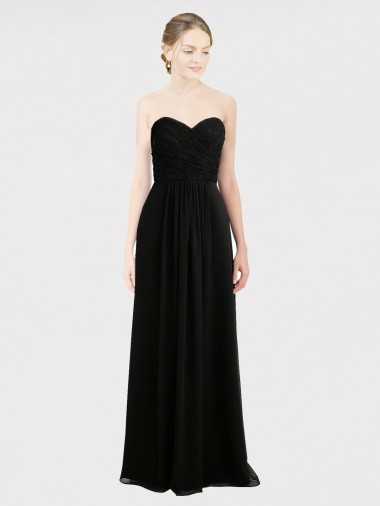 Beste Schwarz A-Linien Trägerlos Chiffon Spitze Lange Brautjungfernkleider