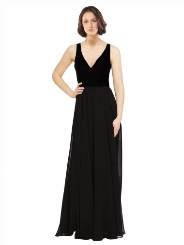 Beste Schwarz A-Linien V-Ausschnitt Chiffon Samt Lange Brautjungfernkleider / Abiballkleider