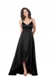 Beste Schwarz A-Linien V-Ausschnitt Seidiger Satin Lange Formale Brautjungfernkleider / Abendkleider / Abiballkleider