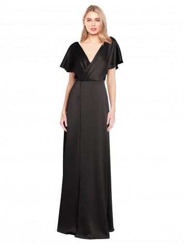 Beste Schwarz A-Linien V-Ausschnitt Stretch-Satin Lange Formale Brautjungfernkleider / Abendkleider / Abiballkleider