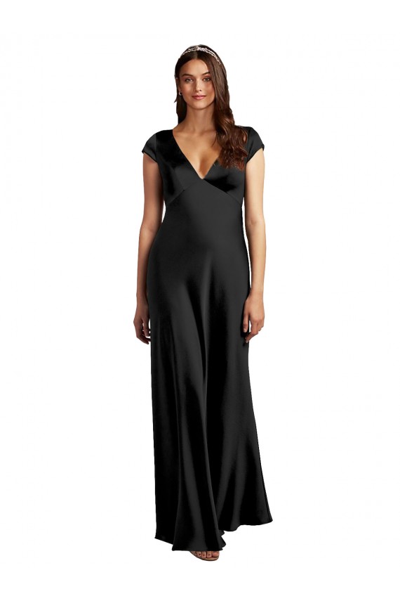 Beste Schwarz A-Linien V-Ausschnitt Stretch-Satin Lange Formale Brautjungfernkleider / Abendkleider / Abiballkleider