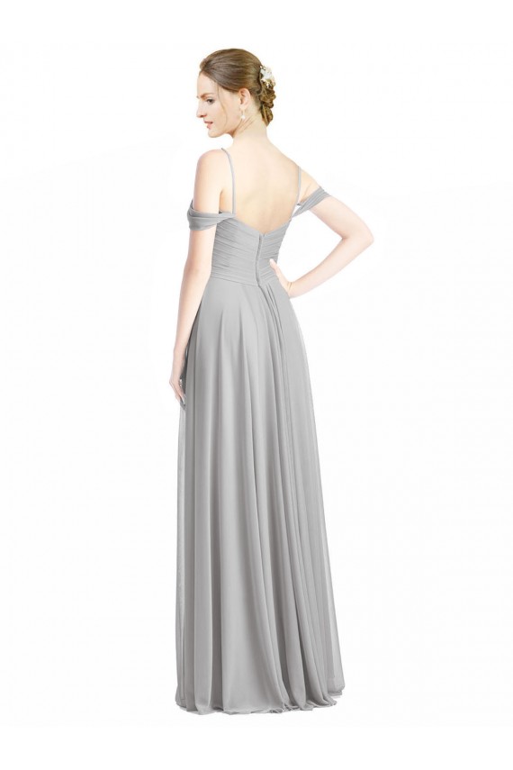 Beste Silber A-Linien Off-Schulter Spaghetti-Träger Chiffon Lange Brautjungfernkleider