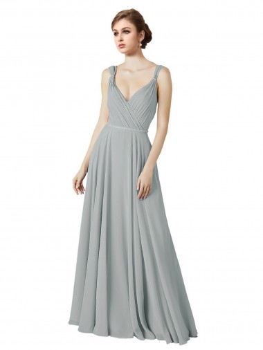 Beste Silber A-Linien V-Ausschnitt Chiffon Lange Brautjungfernkleider