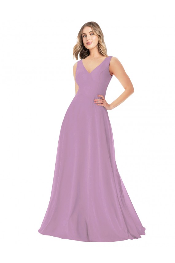 Beste Staubiger Lavendel A-Linien V-Ausschnitt Chiffon Lange Brautjungfernkleider